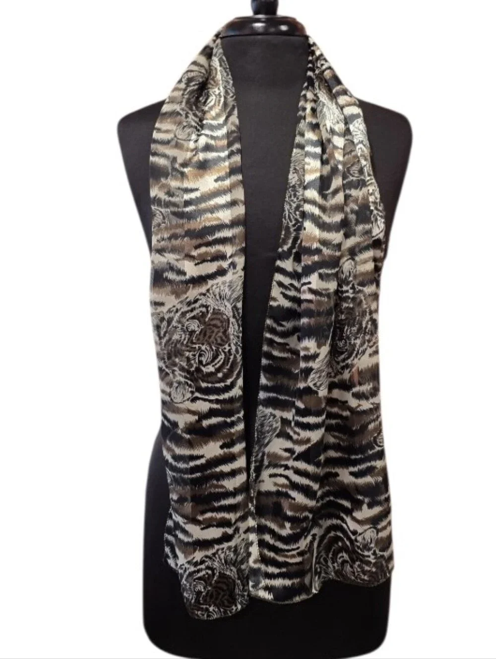 Vintage 90s Tiger Scarf Animal Print Satin Scarf - Black, Brown, Cream
